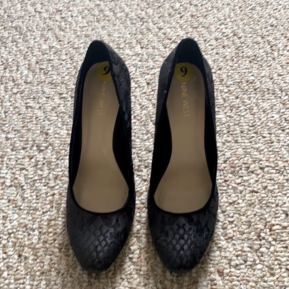 Nine West black velvet block heels.